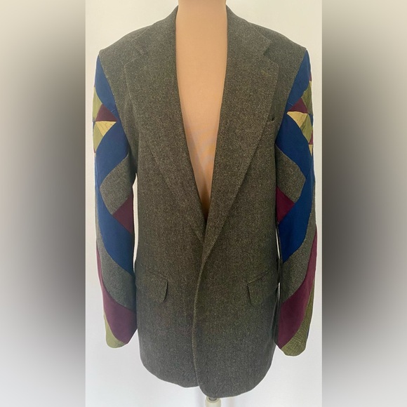 Vintage 80s Men's PATCHWORK Blazer Set 42/XL HOLBROOK Green Wool Quilted Jacket - Picture 2 of 9